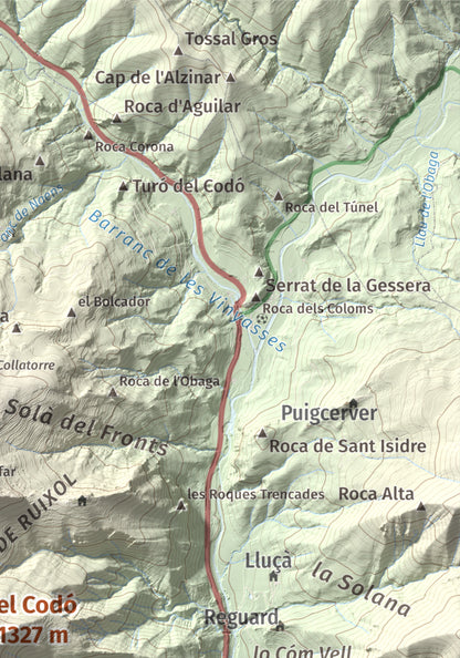 Mapa de relieve del Codó, 1327 m, Pallars Jussà, lámina 100 Cims de Trobart. Detalle de la zona superior derecha. 21 × 30 cm.