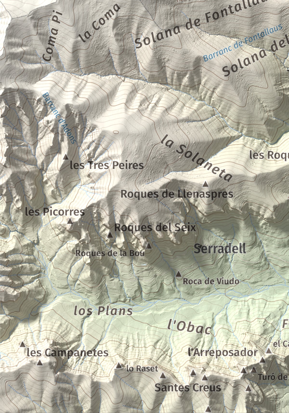 Mapa de relieve del Codó, 1327 m, Pallars Jussà, lámina 100 Cims de Trobart. Detalle de la zona inferior izquierda. 21 × 30 cm.