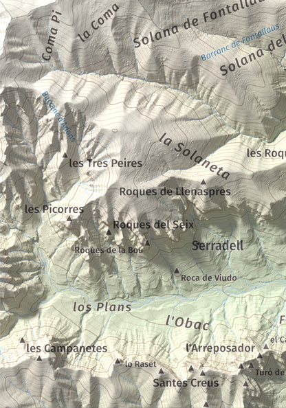 Mapa de relieve del Codó, 1327 m, Pallars Jussà, lámina 100 Cims de Trobart. Detalle de la zona inferior izquierda. 21 × 30 cm.