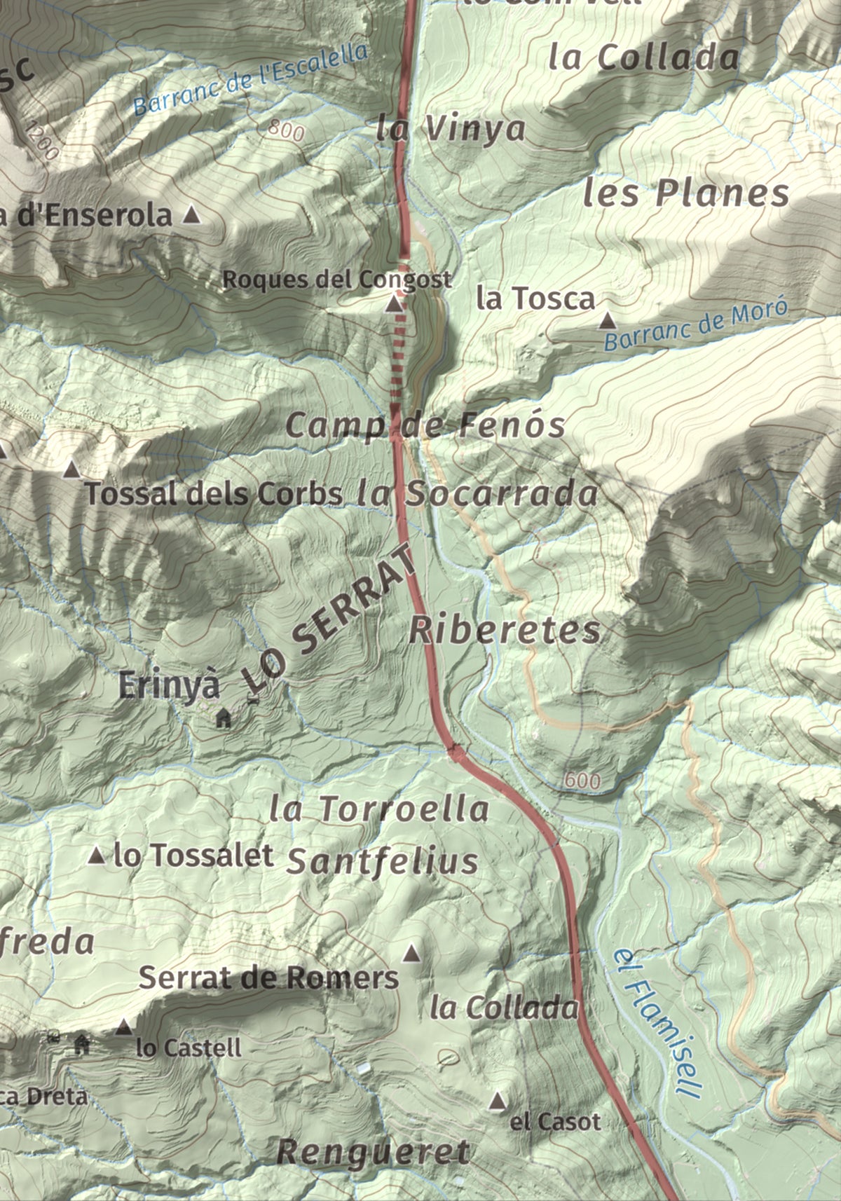 Mapa de relieve del Codó, 1327 m, Pallars Jussà, lámina 100 Cims de Trobart. Detalle de la zona inferior derecha. 21 × 30 cm.