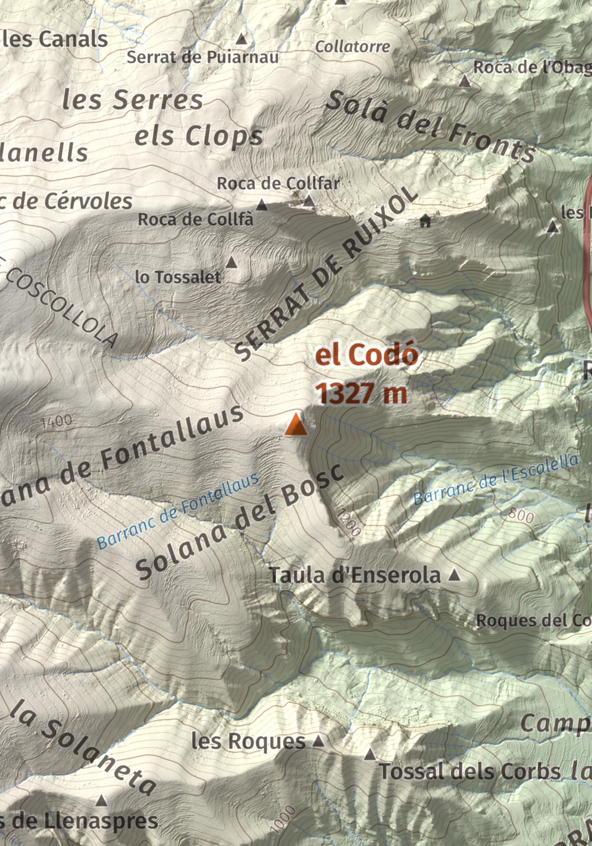 Mapa de relieve del Codó, 1327 m, Pallars Jussà, lámina 100 Cims de Trobart. Detalle de la zona central. 21 × 30 cm.