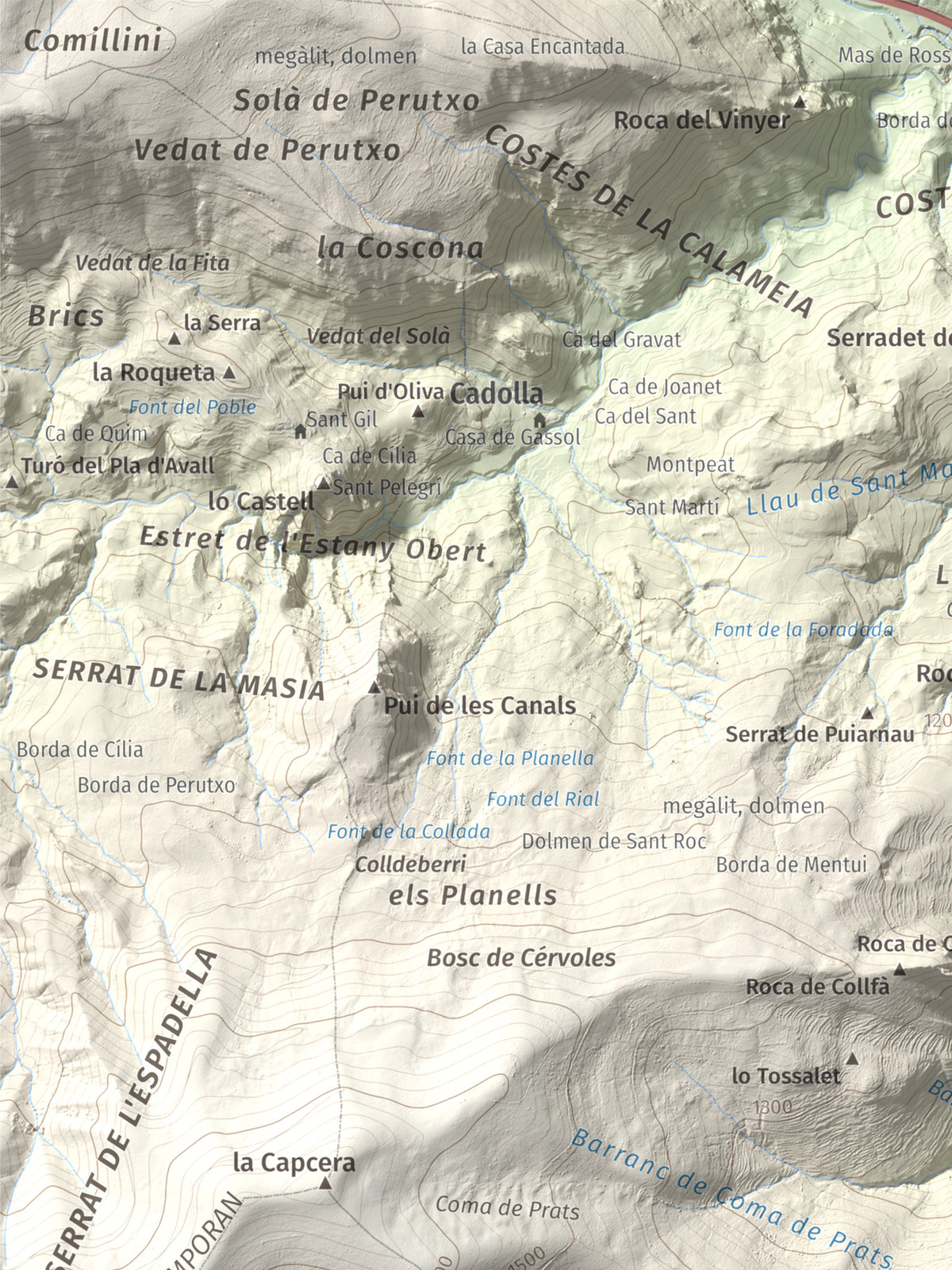 Mapa de relieve del Codó, 1327 m, Pallars Jussà, lámina 100 Cims de Trobart. Detalle de la zona superior izquierda. 30 × 40 cm.