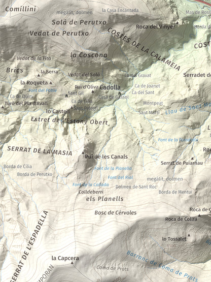 Mapa de relieve del Codó, 1327 m, Pallars Jussà, lámina 100 Cims de Trobart. Detalle de la zona superior izquierda. 30 × 40 cm.