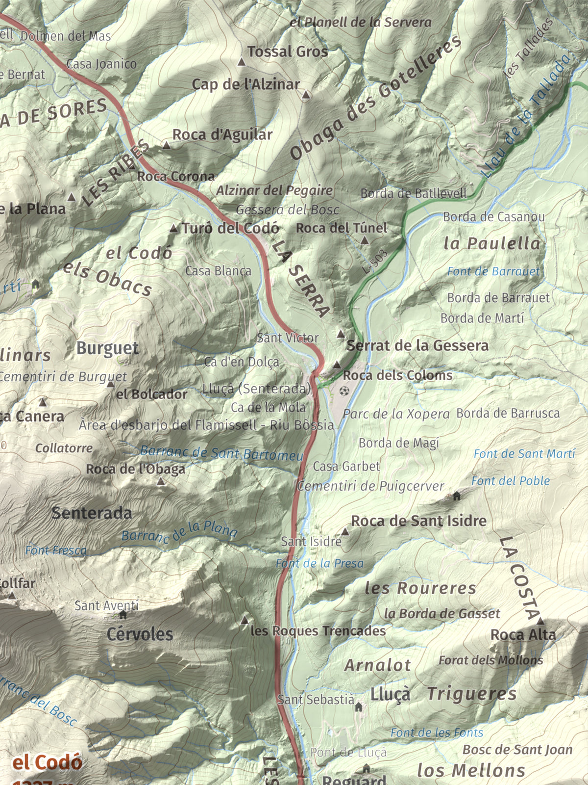 Mapa de relieve del Codó, 1327 m, Pallars Jussà, lámina 100 Cims de Trobart. Detalle de la zona superior derecha. 30 × 40 cm.