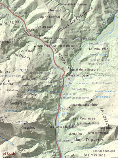 Mapa de relieve del Codó, 1327 m, Pallars Jussà, lámina 100 Cims de Trobart. Detalle de la zona superior derecha. 30 × 40 cm.
