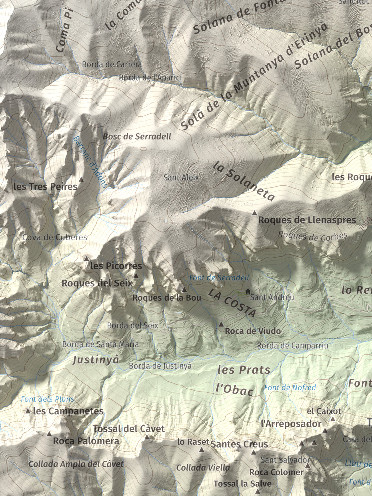 Mapa de relieve del Codó, 1327 m, Pallars Jussà, lámina 100 Cims de Trobart. Detalle de la zona inferior izquierda. 30 × 40 cm.