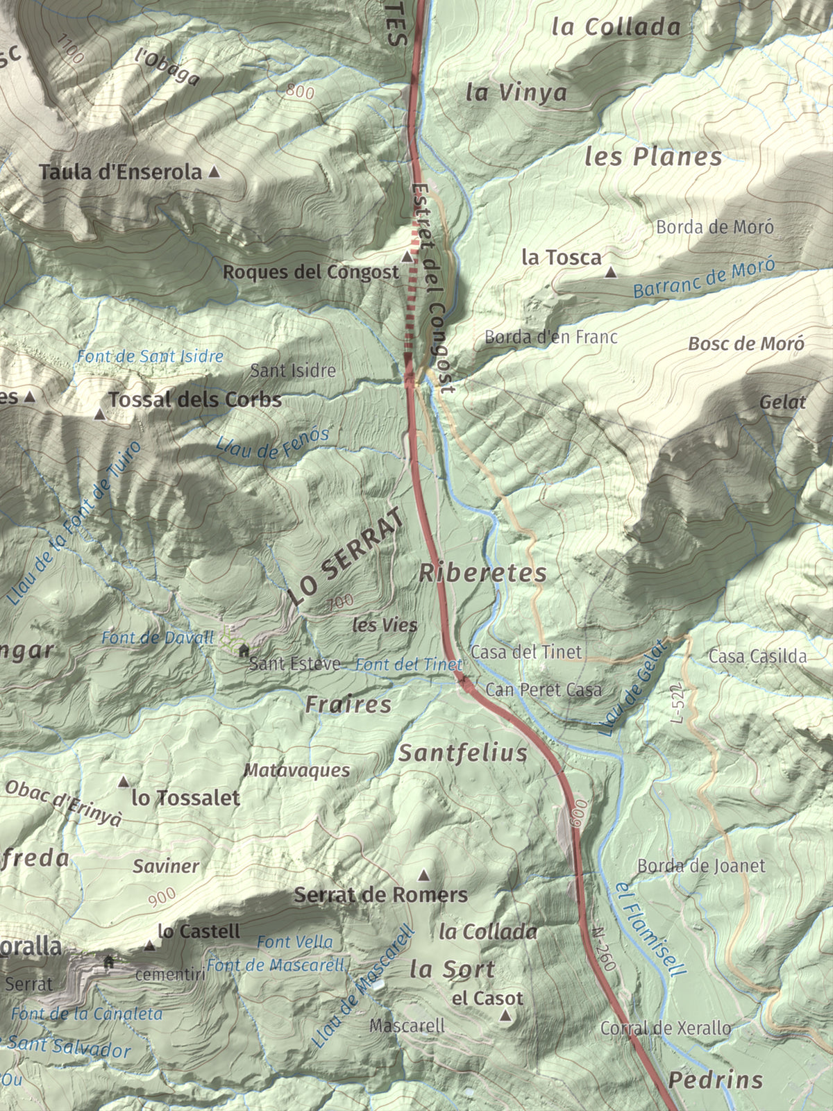 Mapa de relieve del Codó, 1327 m, Pallars Jussà, lámina 100 Cims de Trobart. Detalle de la zona inferior derecha. 30 × 40 cm.