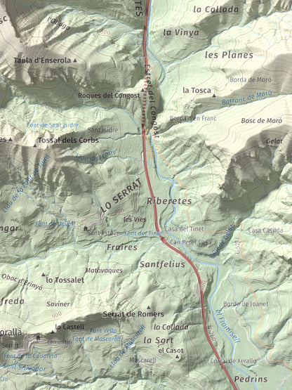 Mapa de relieve del Codó, 1327 m, Pallars Jussà, lámina 100 Cims de Trobart. Detalle de la zona inferior derecha. 30 × 40 cm.