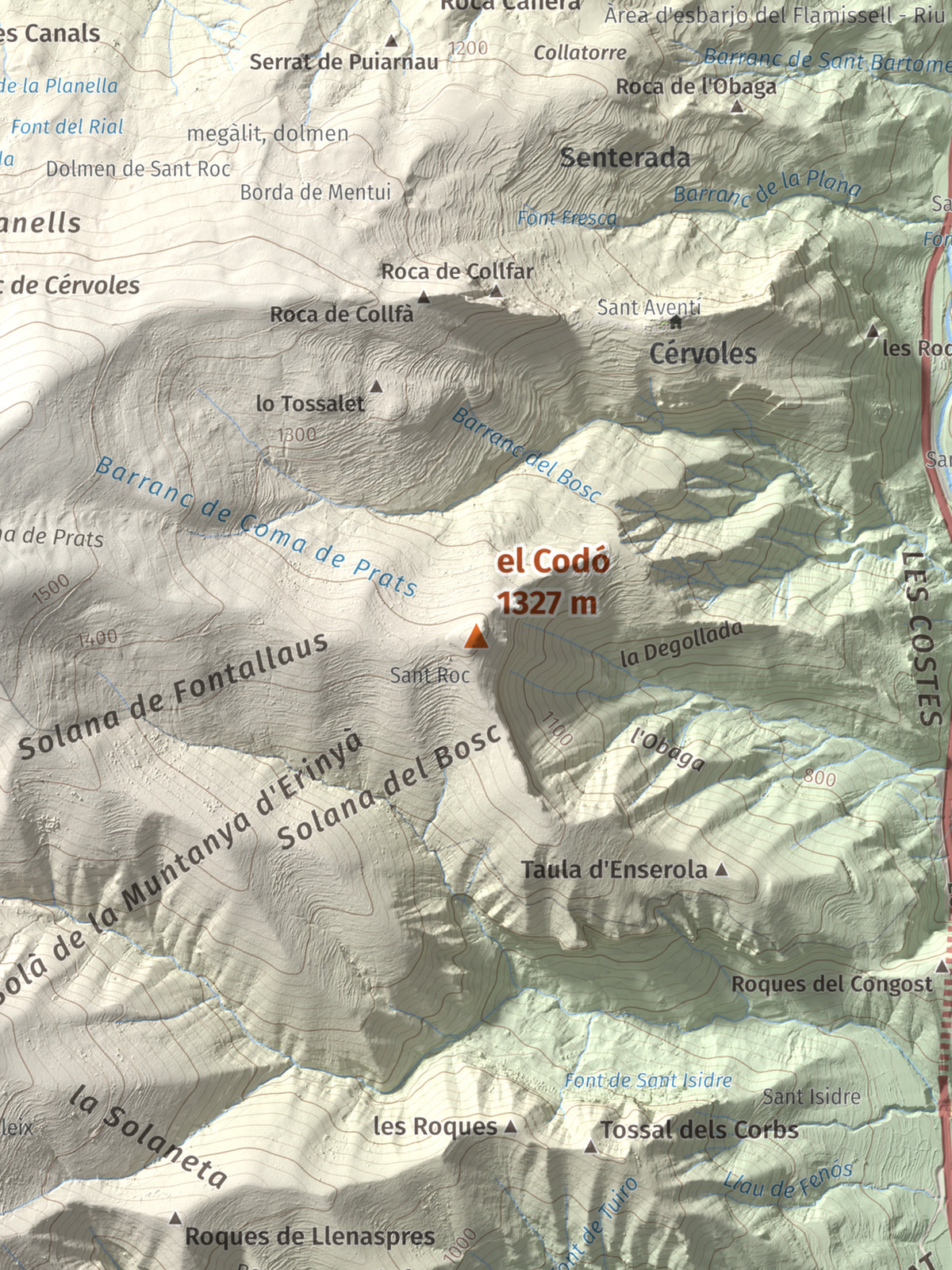Mapa de relieve del Codó, 1327 m, Pallars Jussà, lámina 100 Cims de Trobart. Detalle de la zona central. 30 × 40 cm.