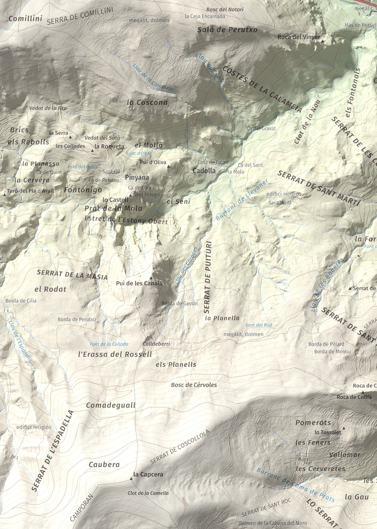 Mapa de relieve del Codó, 1327 m, Pallars Jussà, lámina 100 Cims de Trobart. Detalle de la zona superior izquierda. 50 × 70 cm.
