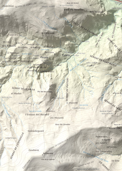 Mapa de relieve del Codó, 1327 m, Pallars Jussà, lámina 100 Cims de Trobart. Detalle de la zona superior izquierda. 50 × 70 cm.