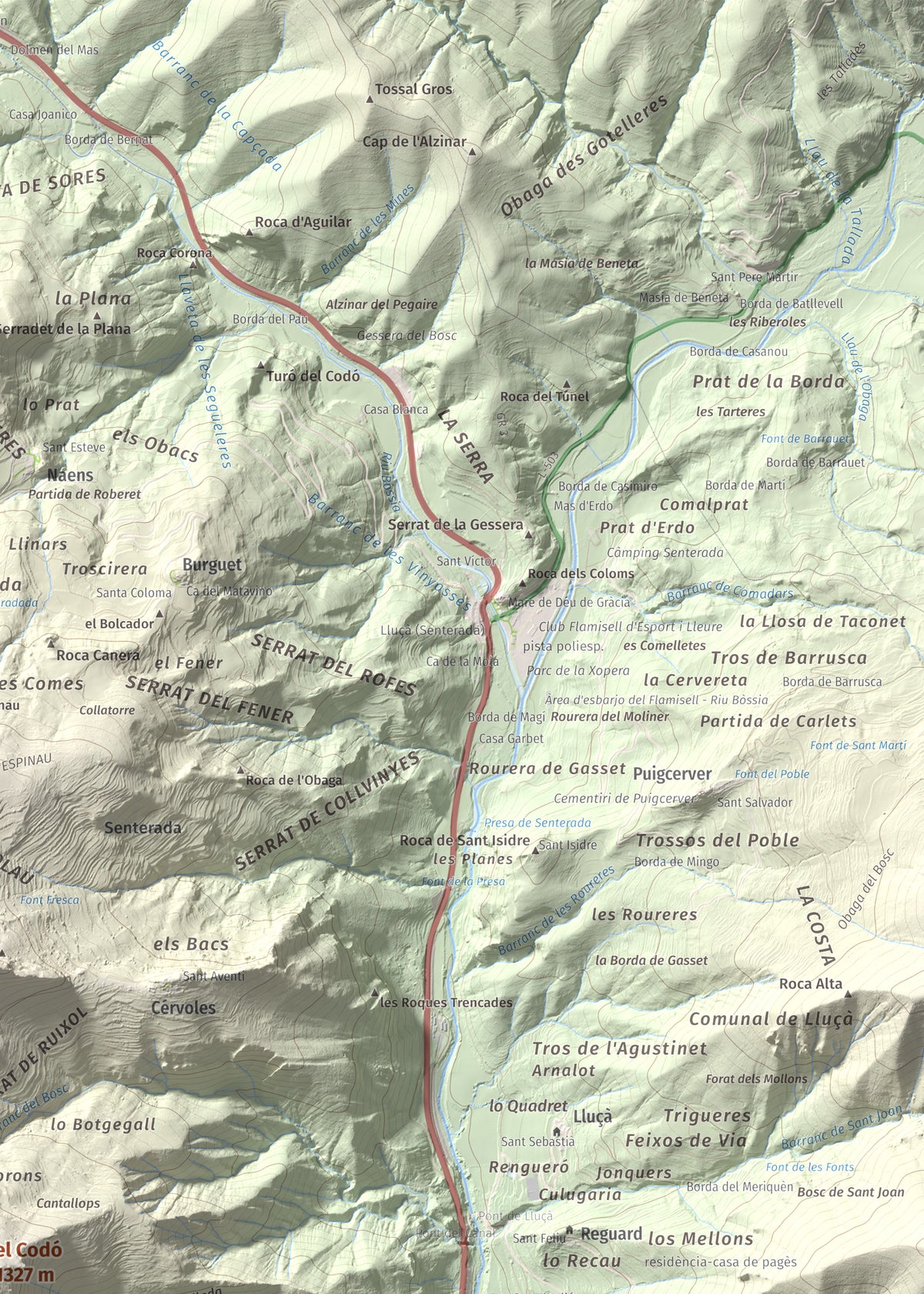 Mapa de relieve del Codó, 1327 m, Pallars Jussà, lámina 100 Cims de Trobart. Detalle de la zona superior derecha. 50 × 70 cm.