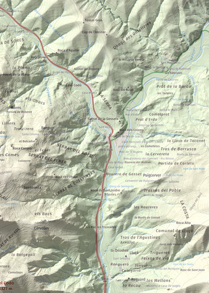 Mapa de relieve del Codó, 1327 m, Pallars Jussà, lámina 100 Cims de Trobart. Detalle de la zona superior derecha. 50 × 70 cm.