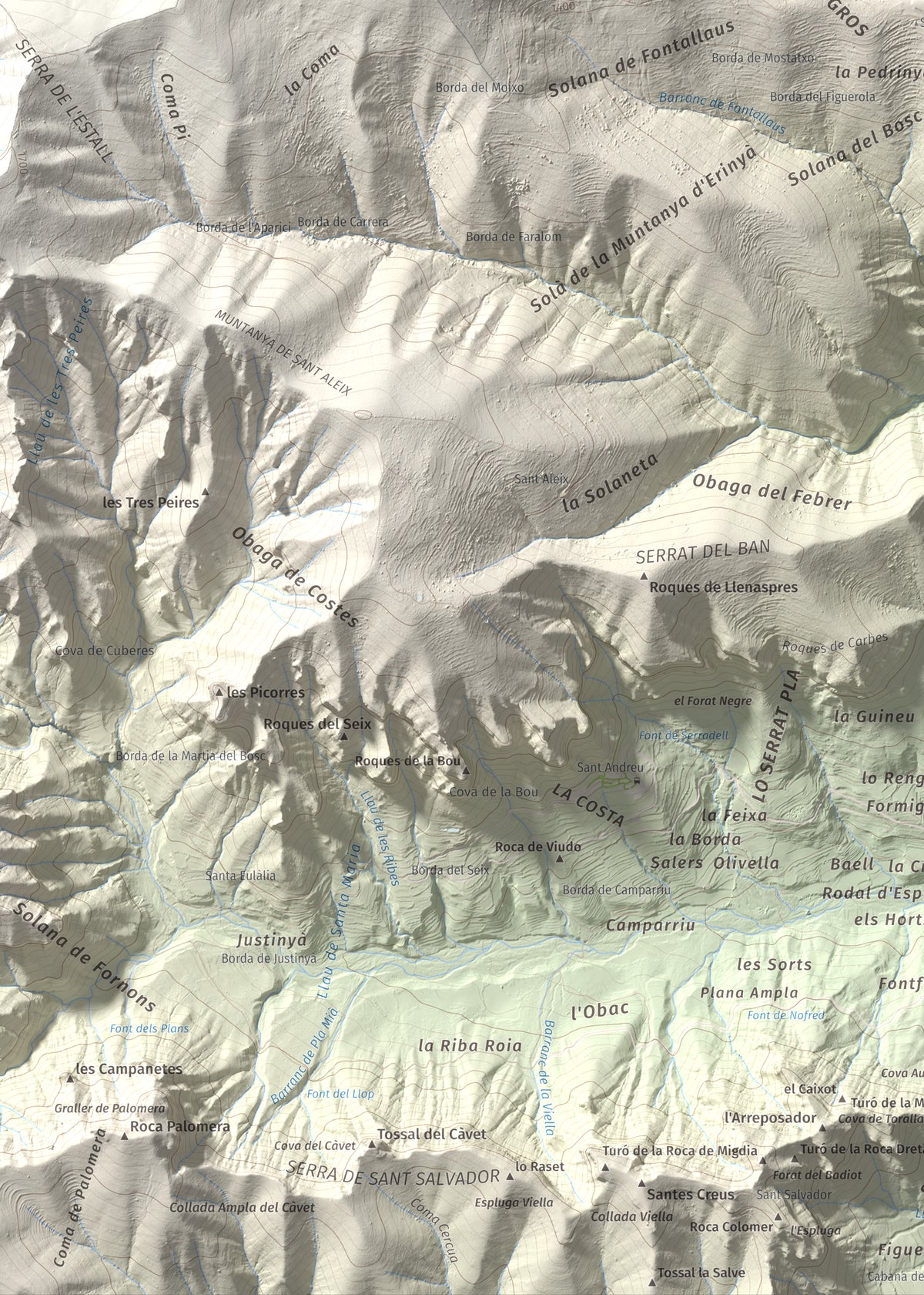 Mapa de relieve del Codó, 1327 m, Pallars Jussà, lámina 100 Cims de Trobart. Detalle de la zona inferior izquierda. 50 × 70 cm.