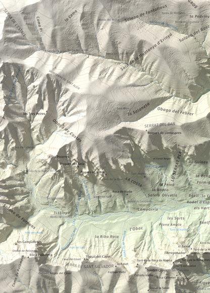 Mapa de relieve del Codó, 1327 m, Pallars Jussà, lámina 100 Cims de Trobart. Detalle de la zona inferior izquierda. 50 × 70 cm.