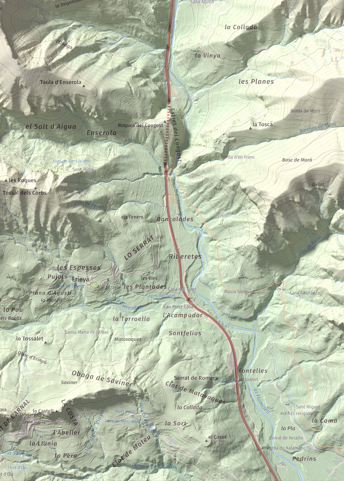 Mapa de relieve del Codó, 1327 m, Pallars Jussà, lámina 100 Cims de Trobart. Detalle de la zona inferior derecha. 50 × 70 cm.