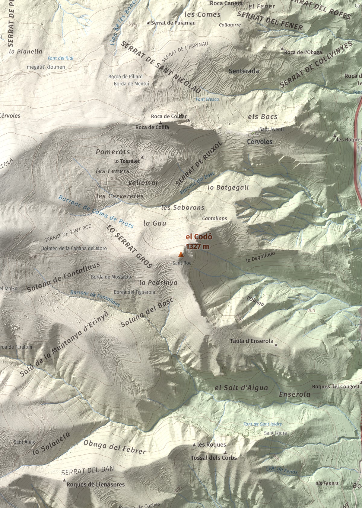 Mapa de relieve del Codó, 1327 m, Pallars Jussà, lámina 100 Cims de Trobart. Detalle de la zona central. 50 × 70 cm.