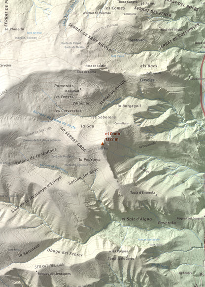 Mapa de relieve del Codó, 1327 m, Pallars Jussà, lámina 100 Cims de Trobart. Detalle de la zona central. 50 × 70 cm.