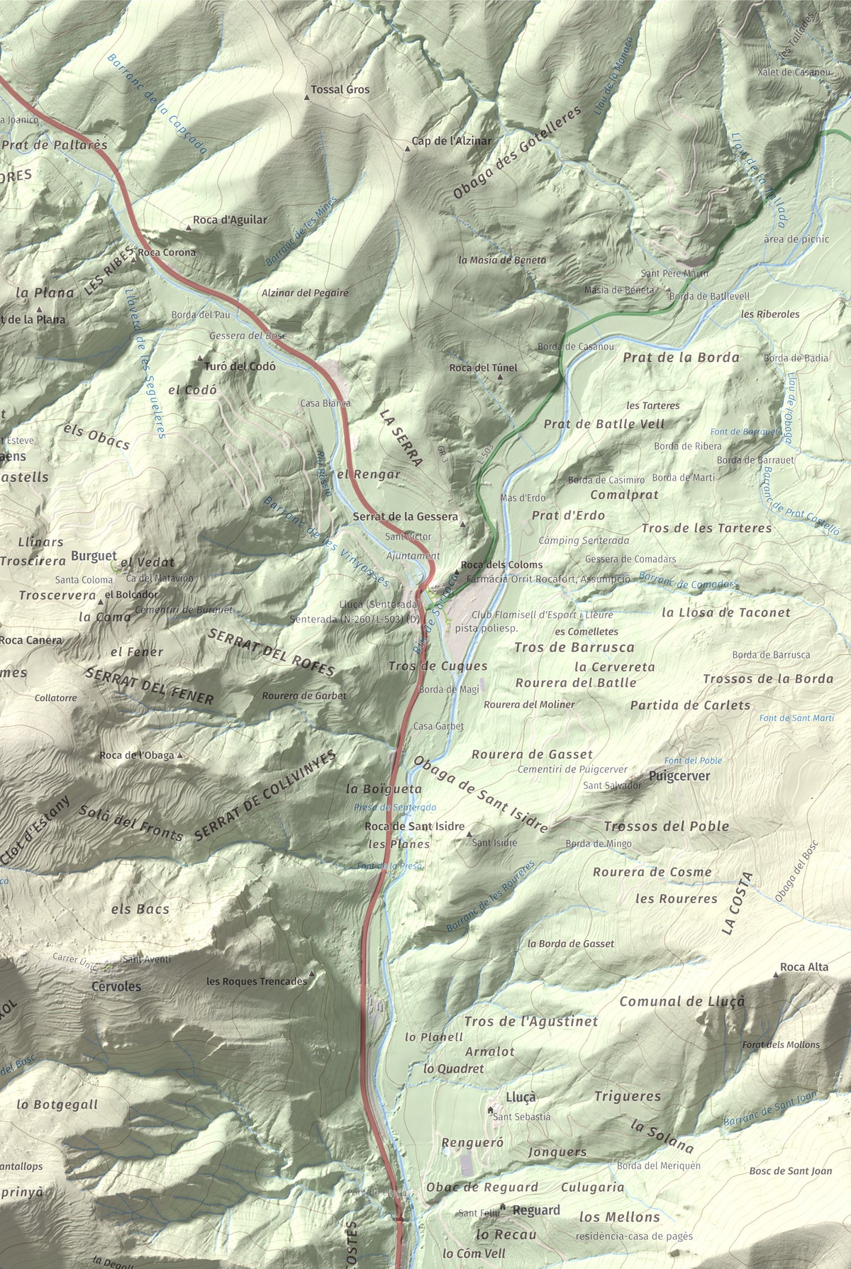 Mapa de relieve del Codó, 1327 m, Pallars Jussà, lámina 100 Cims de Trobart. Detalle de la zona superior derecha. 61 × 91 cm.
