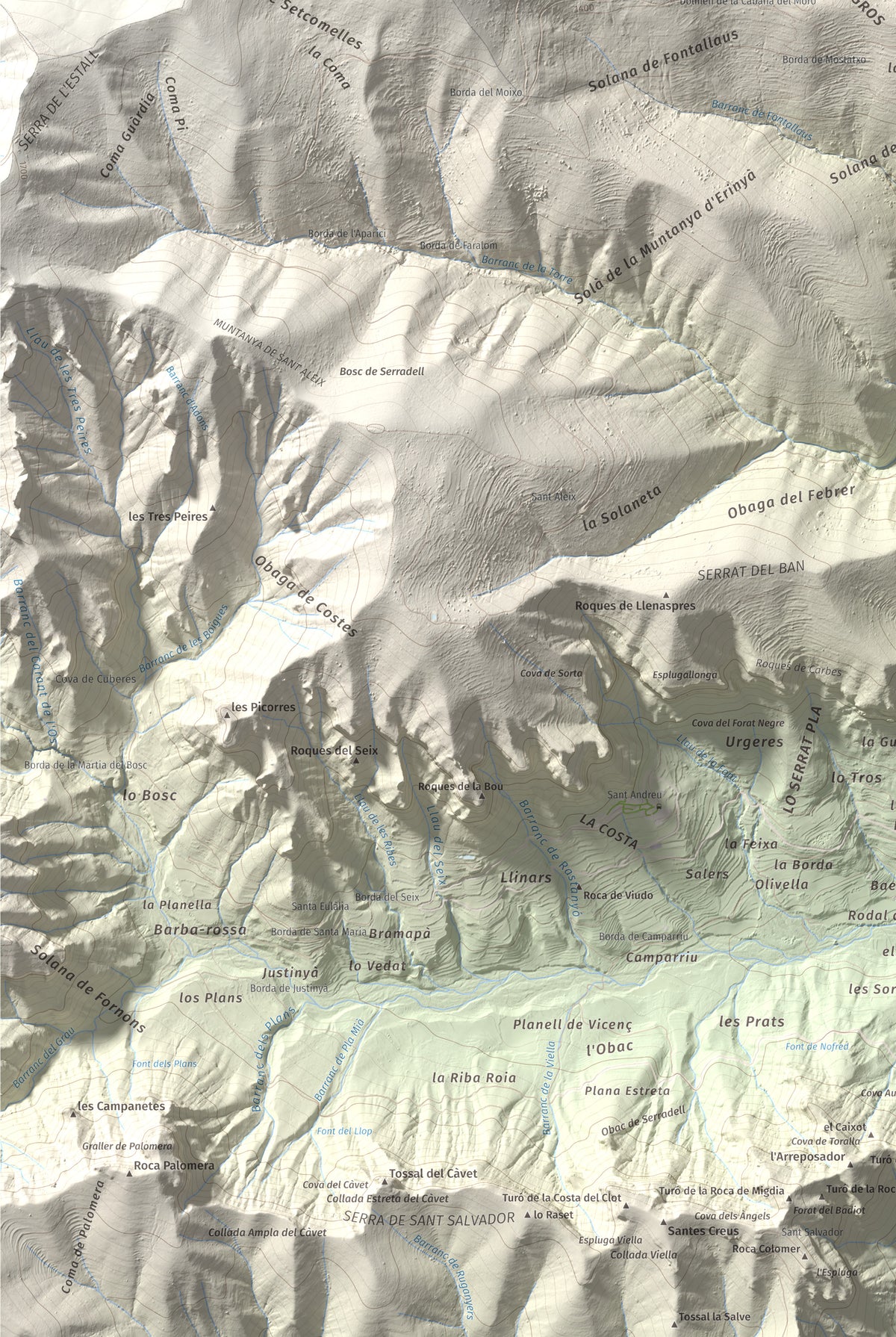 Mapa de relieve del Codó, 1327 m, Pallars Jussà, lámina 100 Cims de Trobart. Detalle de la zona inferior izquierda. 61 × 91 cm.