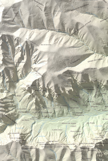 Mapa de relieve del Codó, 1327 m, Pallars Jussà, lámina 100 Cims de Trobart. Detalle de la zona inferior izquierda. 61 × 91 cm.