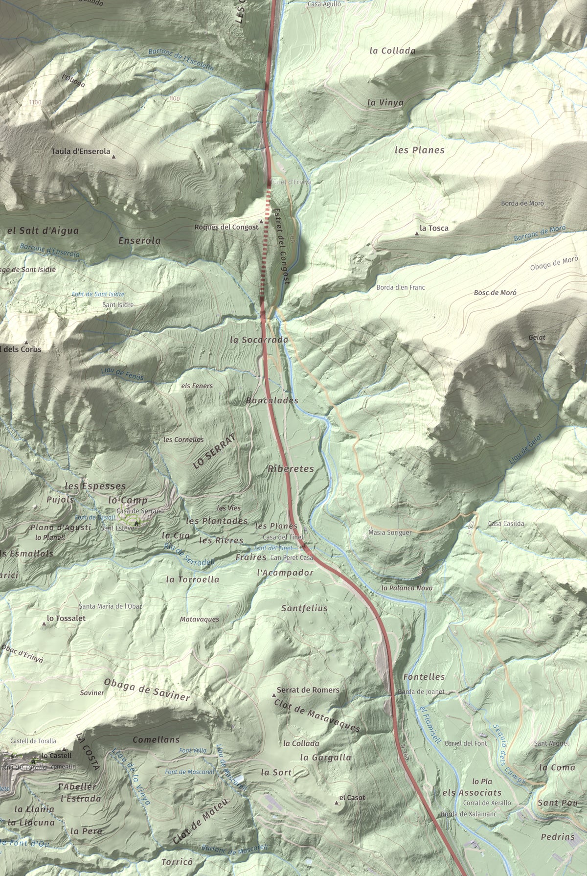Mapa de relieve del Codó, 1327 m, Pallars Jussà, lámina 100 Cims de Trobart. Detalle de la zona inferior derecha. 61 × 91 cm.