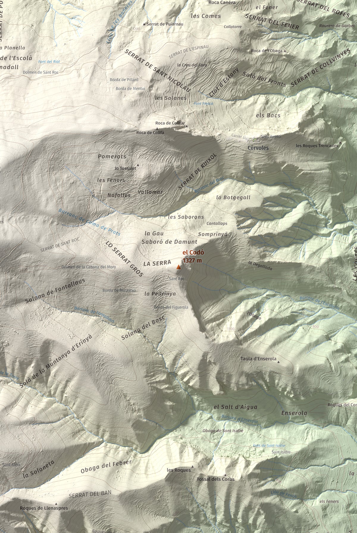 Mapa de relieve del Codó, 1327 m, Pallars Jussà, lámina 100 Cims de Trobart. Detalle de la zona central. 61 × 91 cm.