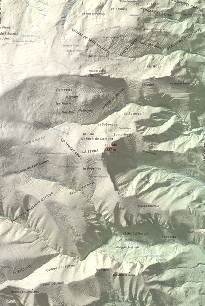 Mapa de relieve del Codó, 1327 m, Pallars Jussà, lámina 100 Cims de Trobart. Detalle de la zona central. 61 × 91 cm.