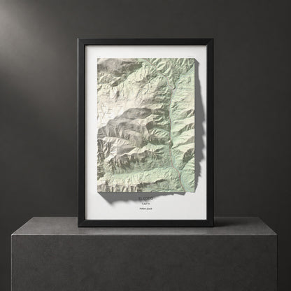 Mapa de relieve del Codó, 1327 m, Pallars Jussà, lámina 100 Cims de Trobart. Presentación enmarcada. 70 × 100 cm.