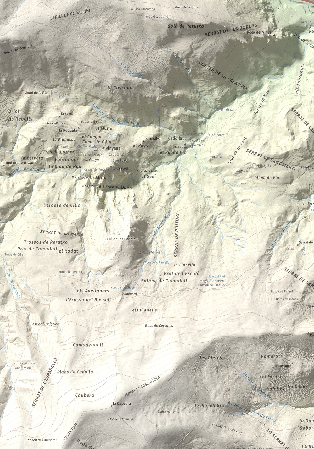 Mapa de relieve del Codó, 1327 m, Pallars Jussà, lámina 100 Cims de Trobart. Detalle de la zona superior izquierda. 70 × 100 cm.
