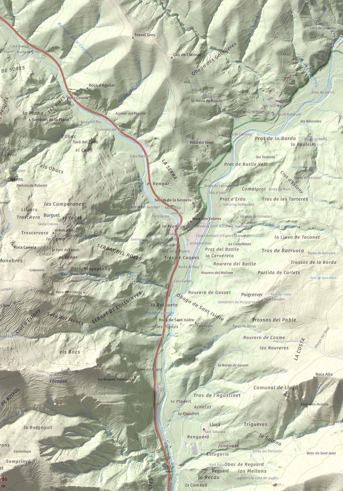 Mapa de relieve del Codó, 1327 m, Pallars Jussà, lámina 100 Cims de Trobart. Detalle de la zona superior derecha. 70 × 100 cm.