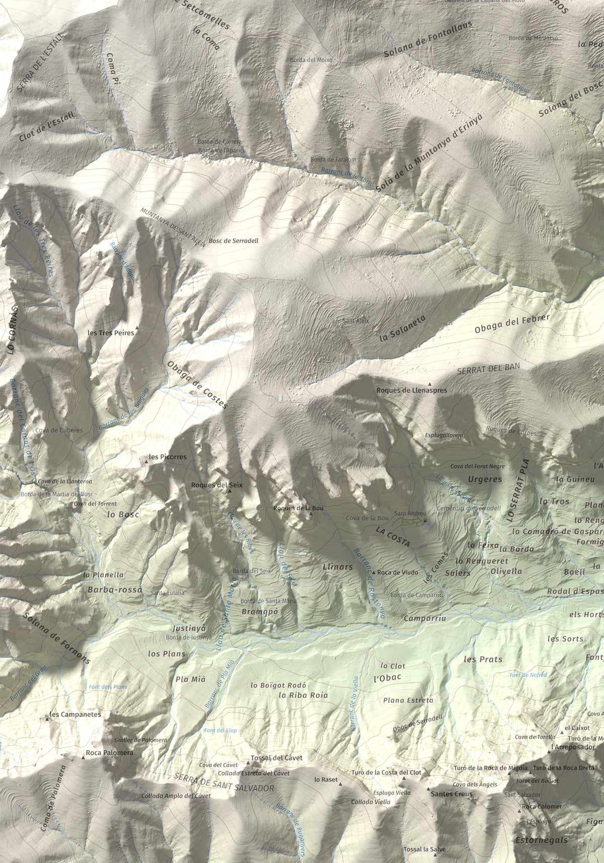Mapa de relieve del Codó, 1327 m, Pallars Jussà, lámina 100 Cims de Trobart. Detalle de la zona inferior izquierda. 70 × 100 cm.