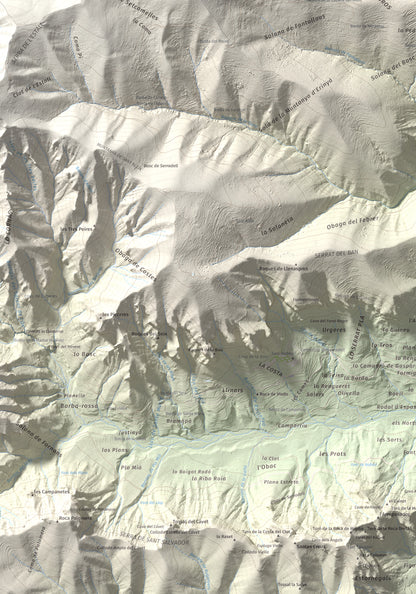 Mapa de relieve del Codó, 1327 m, Pallars Jussà, lámina 100 Cims de Trobart. Detalle de la zona inferior izquierda. 70 × 100 cm.