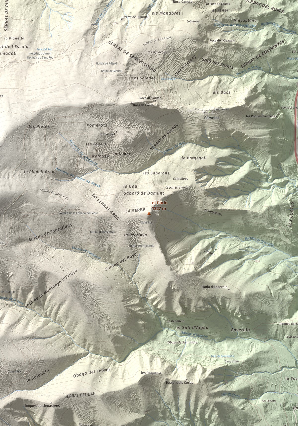 Mapa de relieve del Codó, 1327 m, Pallars Jussà, lámina 100 Cims de Trobart. Detalle de la zona central. 70 × 100 cm.