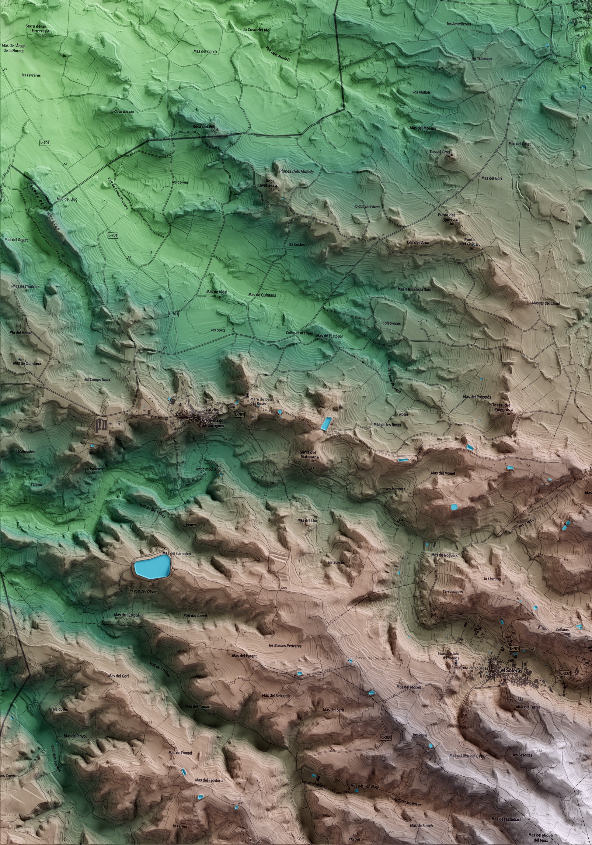 Mapa artístico del relieve del Cogul, a las Garrigues, con 15 km de entorno y base topográfica ICGC. Detalle de la zona inferior izquierda.