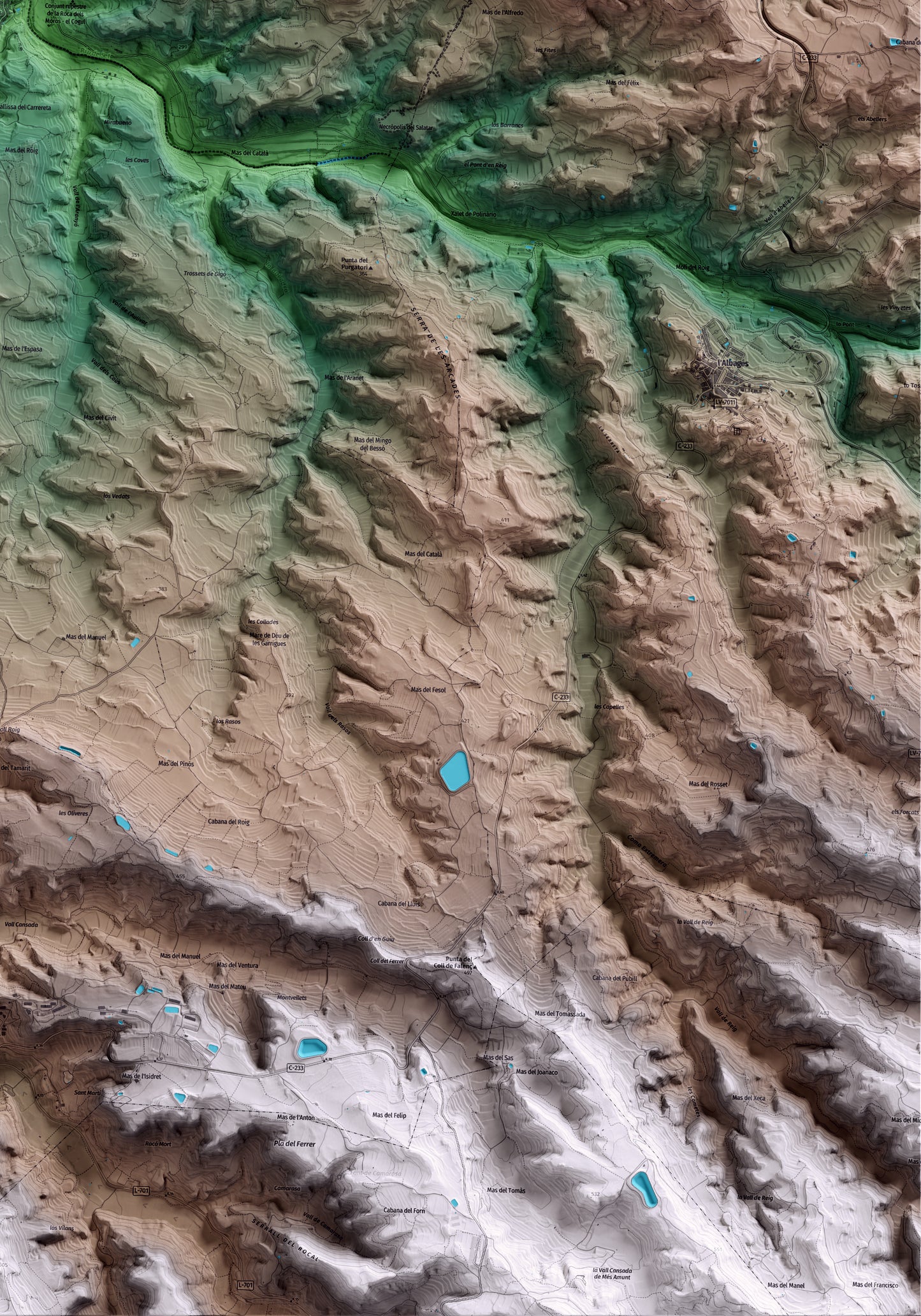 Mapa artístico del relieve del Cogul, a las Garrigues, con 15 km de entorno y base topográfica ICGC. Detalle de la zona inferior derecha.