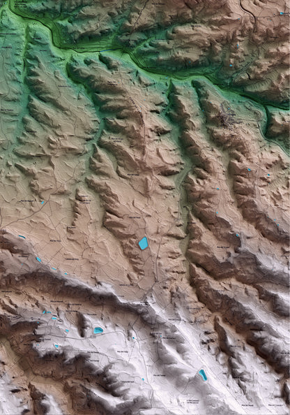 Mapa artístico del relieve del Cogul, a las Garrigues, con 15 km de entorno y base topográfica ICGC. Detalle de la zona inferior derecha.