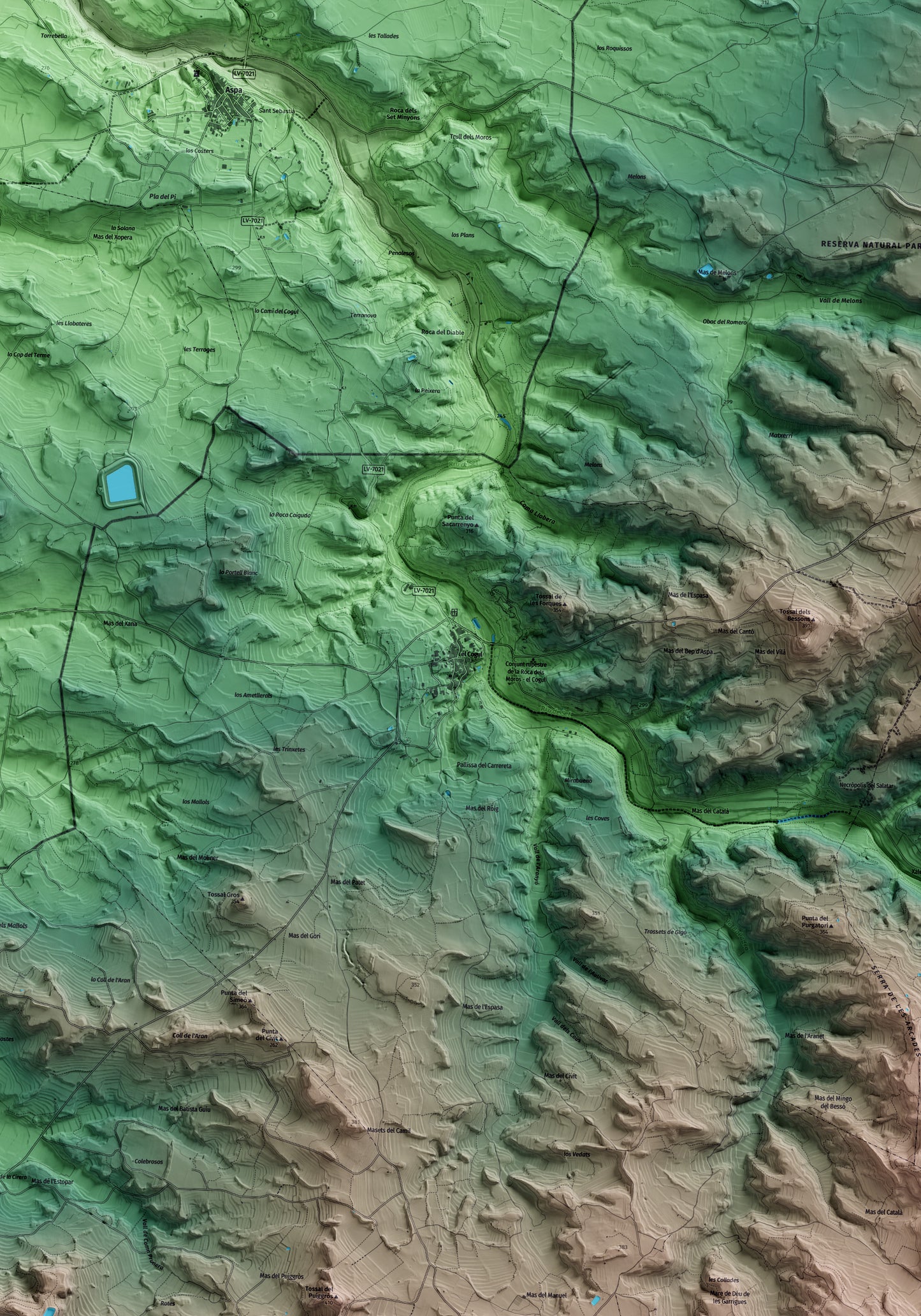 Mapa artístico del relieve del Cogul, a las Garrigues, con 15 km de entorno y base topográfica ICGC. Detalle de la zona central.