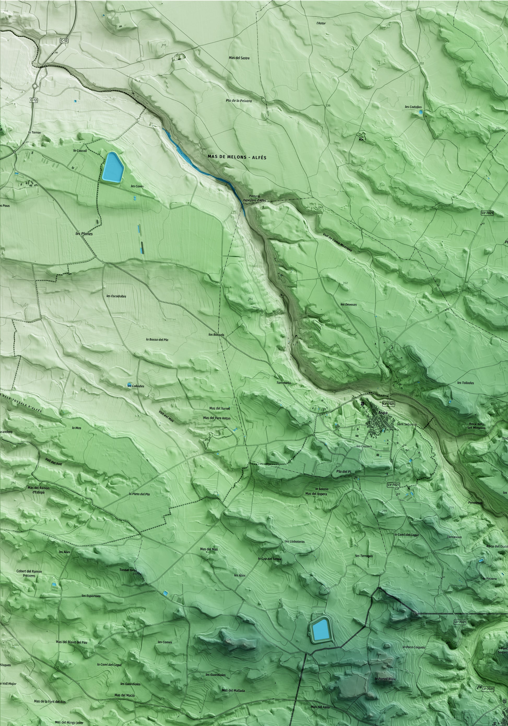Mapa artístico del relieve del Cogul, a las Garrigues, con 15 km de entorno y base topográfica ICGC. Detalle de la zona superior izquierda.