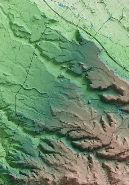 Mapa artístico del relieve del Cogul, a las Garrigues, con 15 km de entorno y base topográfica ICGC. Detalle de la zona superior derecha.