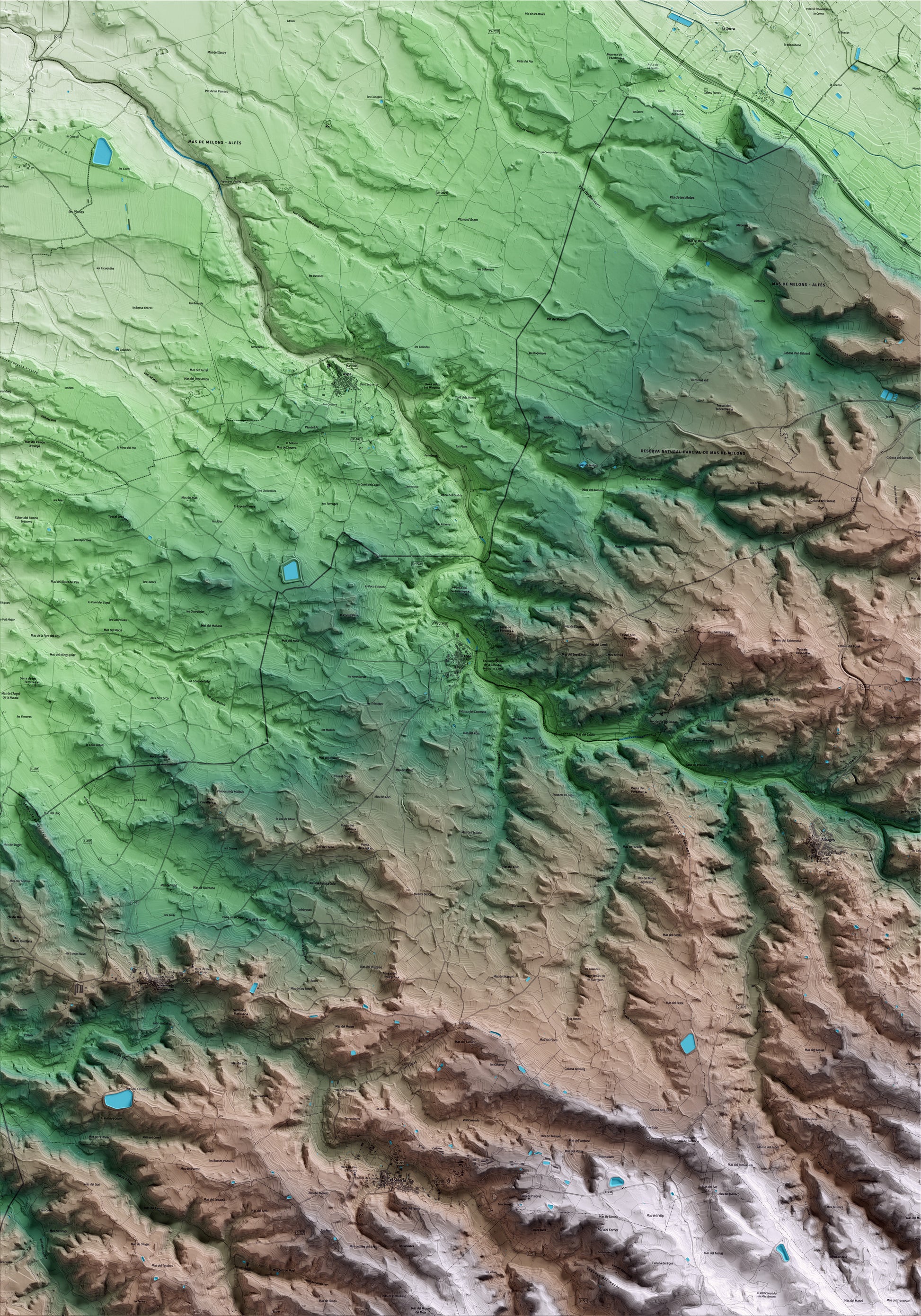 Mapa artístico del relieve del Cogul, a las Garrigues, con 15 km de entorno y base topográfica ICGC
