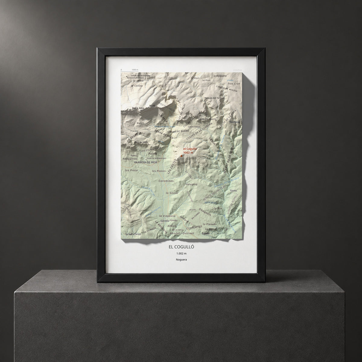 Mapa de relieve del Cogulló, 1002 m, Noguera, lámina 100 Cims de Trobart. Presentación enmarcada. 21 × 30 cm.