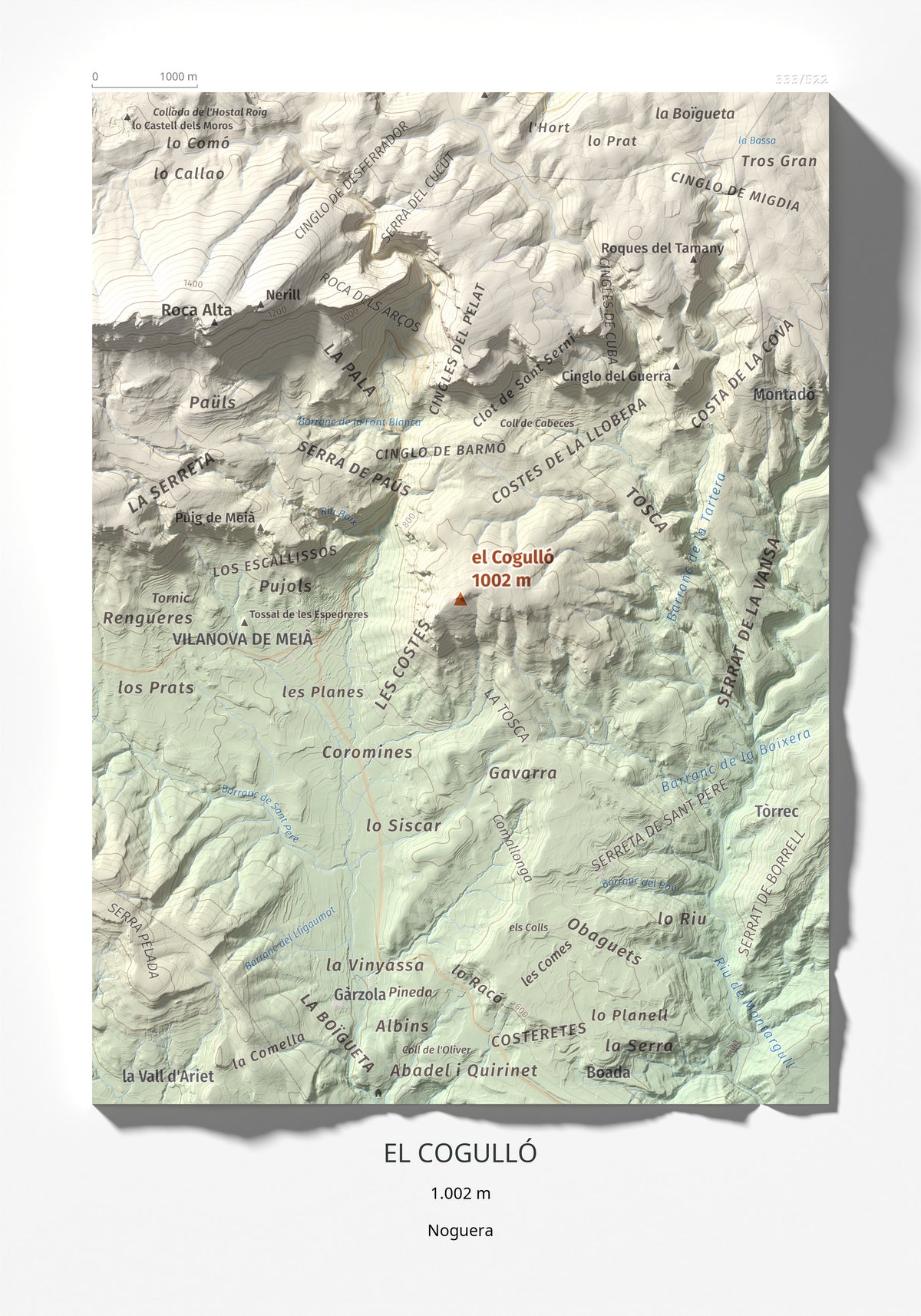 Mapa de relieve del Cogulló, 1002 m, Noguera, lámina 100 Cims de Trobart 21 × 30 cm.