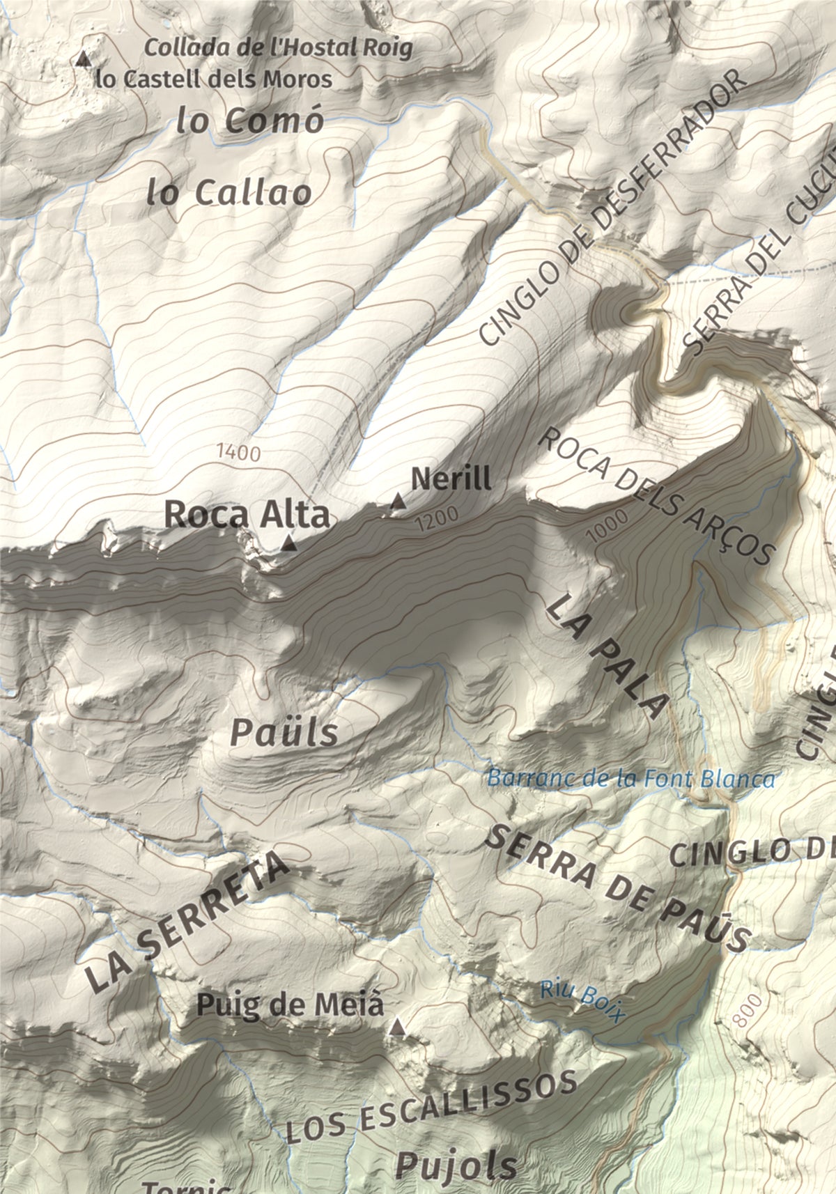 Mapa de relieve del Cogulló, 1002 m, Noguera, lámina 100 Cims de Trobart. Detalle de la zona superior izquierda. 21 × 30 cm.