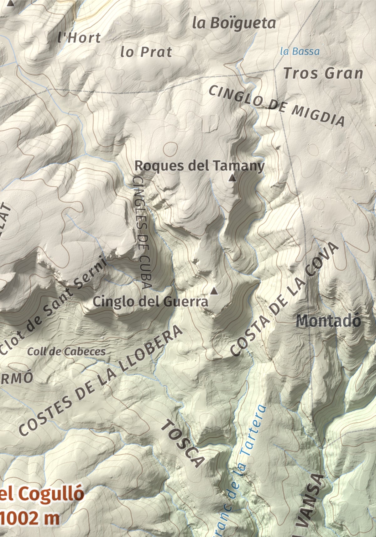 Mapa de relieve del Cogulló, 1002 m, Noguera, lámina 100 Cims de Trobart. Detalle de la zona superior derecha. 21 × 30 cm.