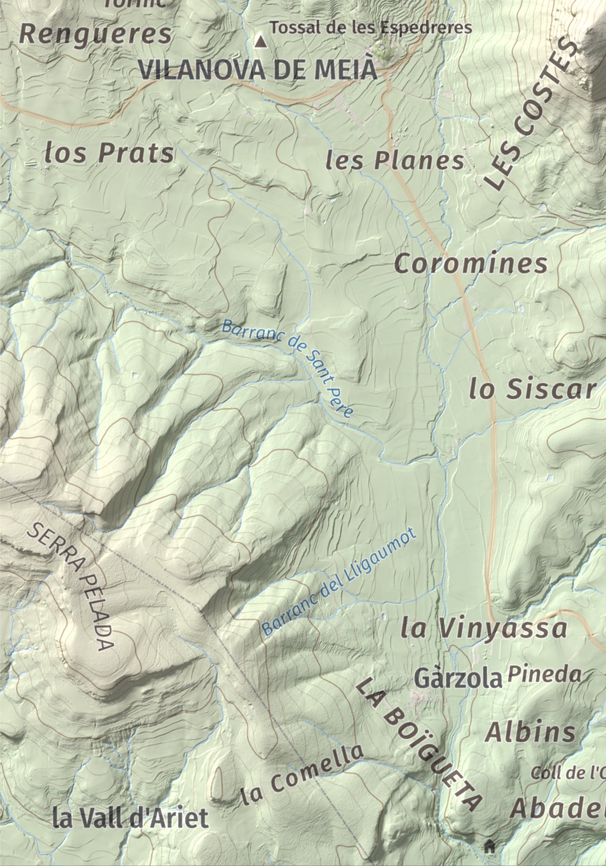 Mapa de relieve del Cogulló, 1002 m, Noguera, lámina 100 Cims de Trobart. Detalle de la zona inferior izquierda. 21 × 30 cm.