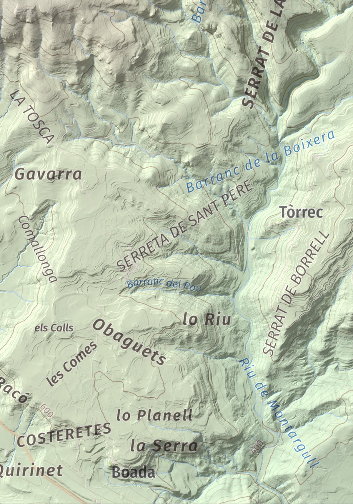 Mapa de relieve del Cogulló, 1002 m, Noguera, lámina 100 Cims de Trobart. Detalle de la zona inferior derecha. 21 × 30 cm.