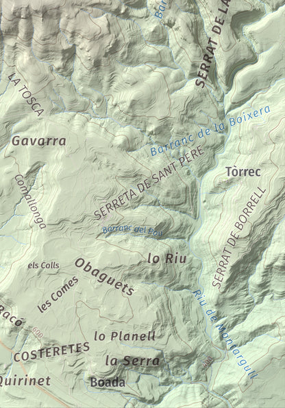 Mapa de relieve del Cogulló, 1002 m, Noguera, lámina 100 Cims de Trobart. Detalle de la zona inferior derecha. 21 × 30 cm.