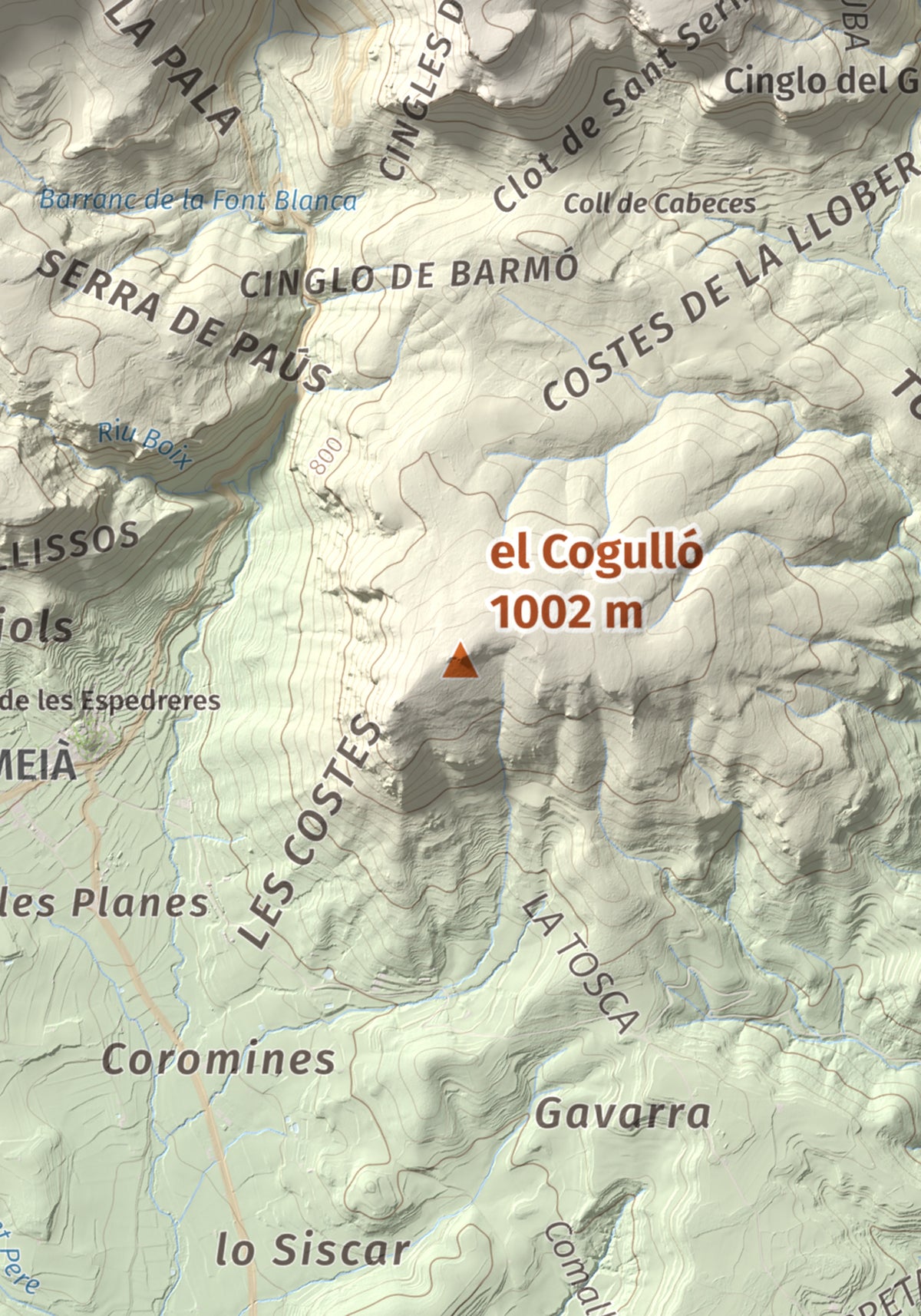Mapa de relieve del Cogulló, 1002 m, Noguera, lámina 100 Cims de Trobart. Detalle de la zona central. 21 × 30 cm.