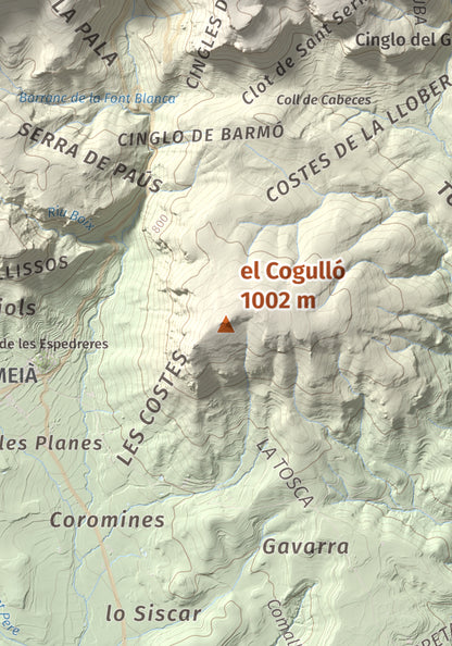 Mapa de relieve del Cogulló, 1002 m, Noguera, lámina 100 Cims de Trobart. Detalle de la zona central. 21 × 30 cm.
